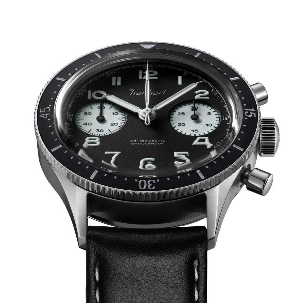 Hanhart 415 ES Reverse Panda schwarzes Leder