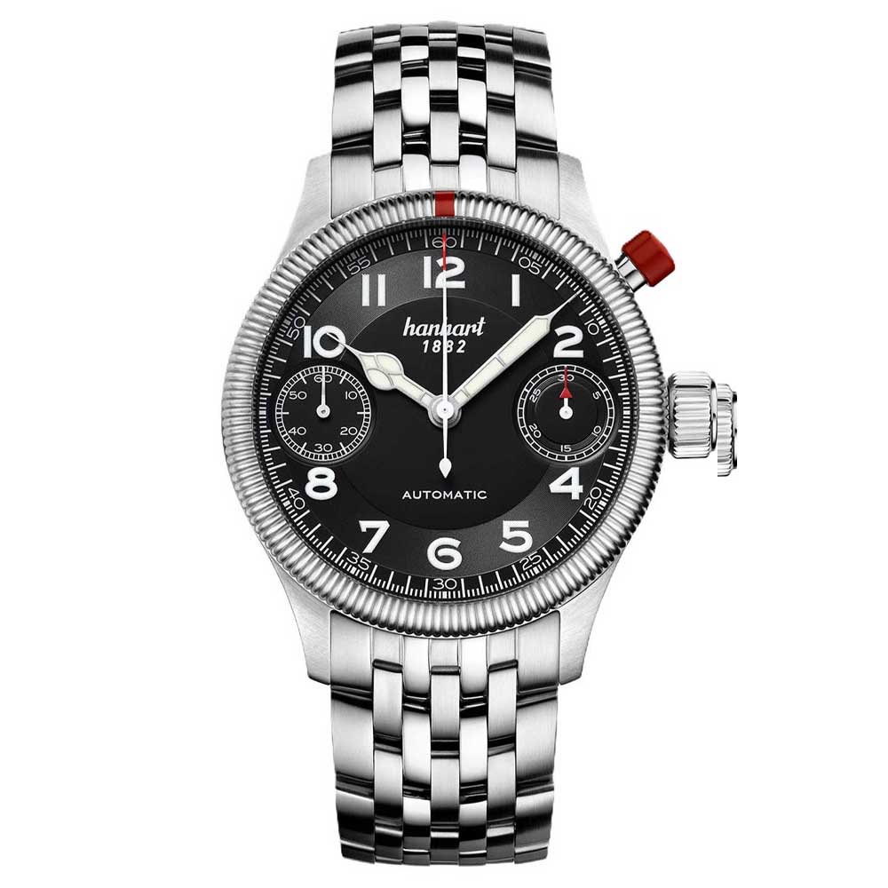 Hanhart PIONEER MonoScope schwarz, kannelierte Lünette Edelstahl