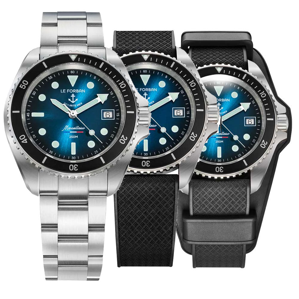 Le Forban Sécurité Mer Marseillaise Blau Dive-Bund & Stahlband (Fotouhr)