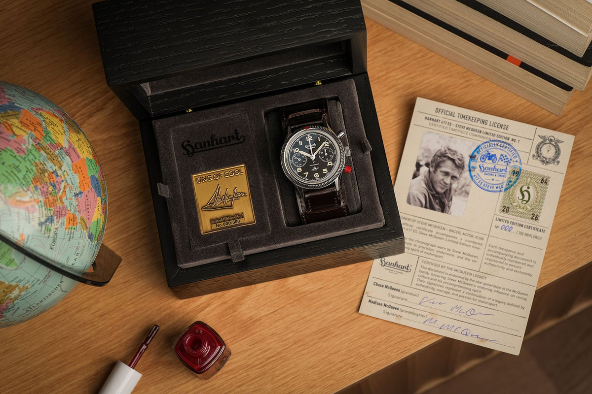 Box der Hanhart 417 ES Steve McQueen Limited Edition No. 1 mit Messingplakette, Limitierungskarte und rotem Nagellack