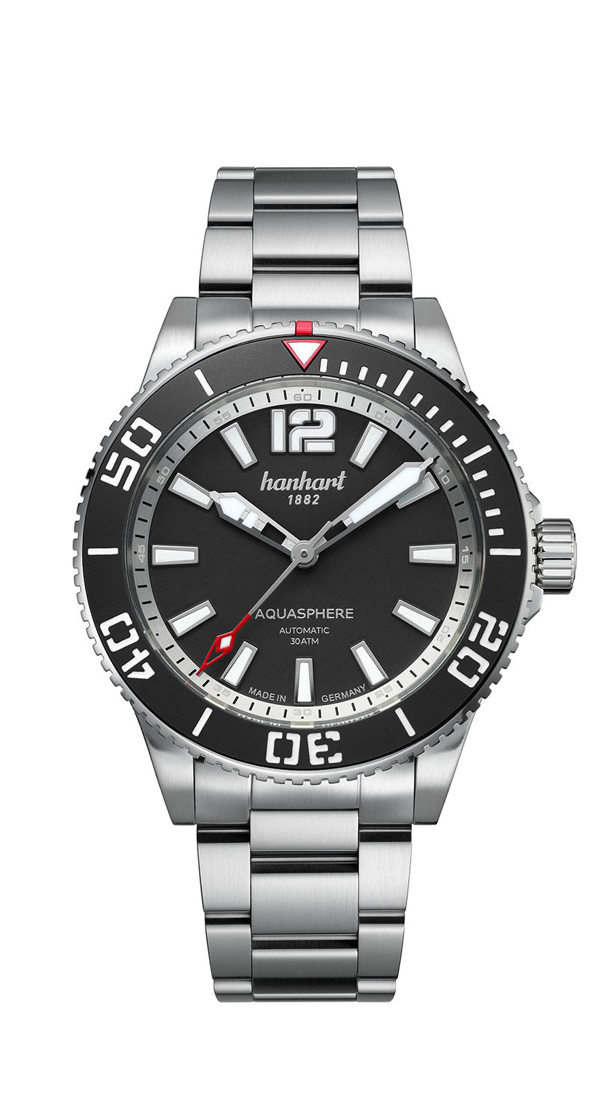 Hanhart AQUASPHERE Matte Black, 42mm am Edelstahlarmband, Frontalansicht