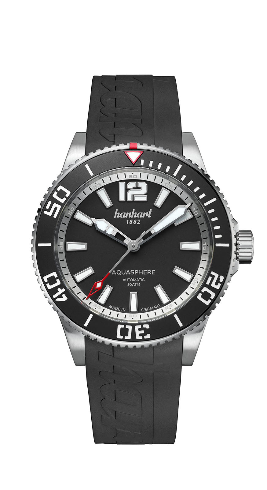 Hanhart AQUASPHERE Matte Black 42 mm am schwarzen Kautschukarmband, Frontalansicht
