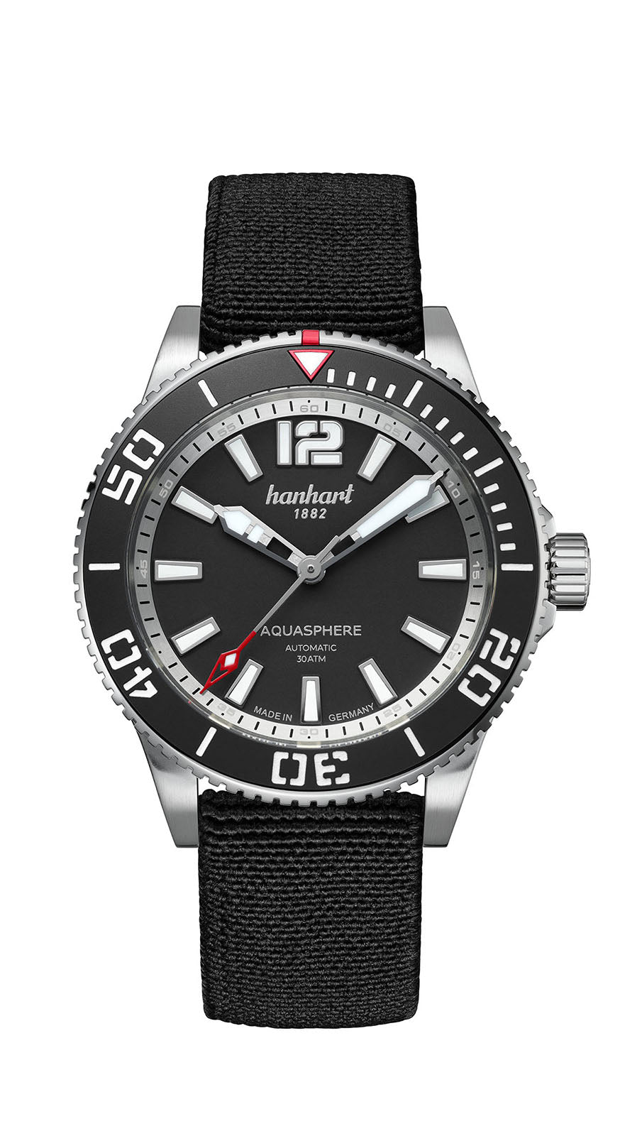 Hanhart AQUASPHERE Matte Black, 42mm am Textilband, Frontalansicht