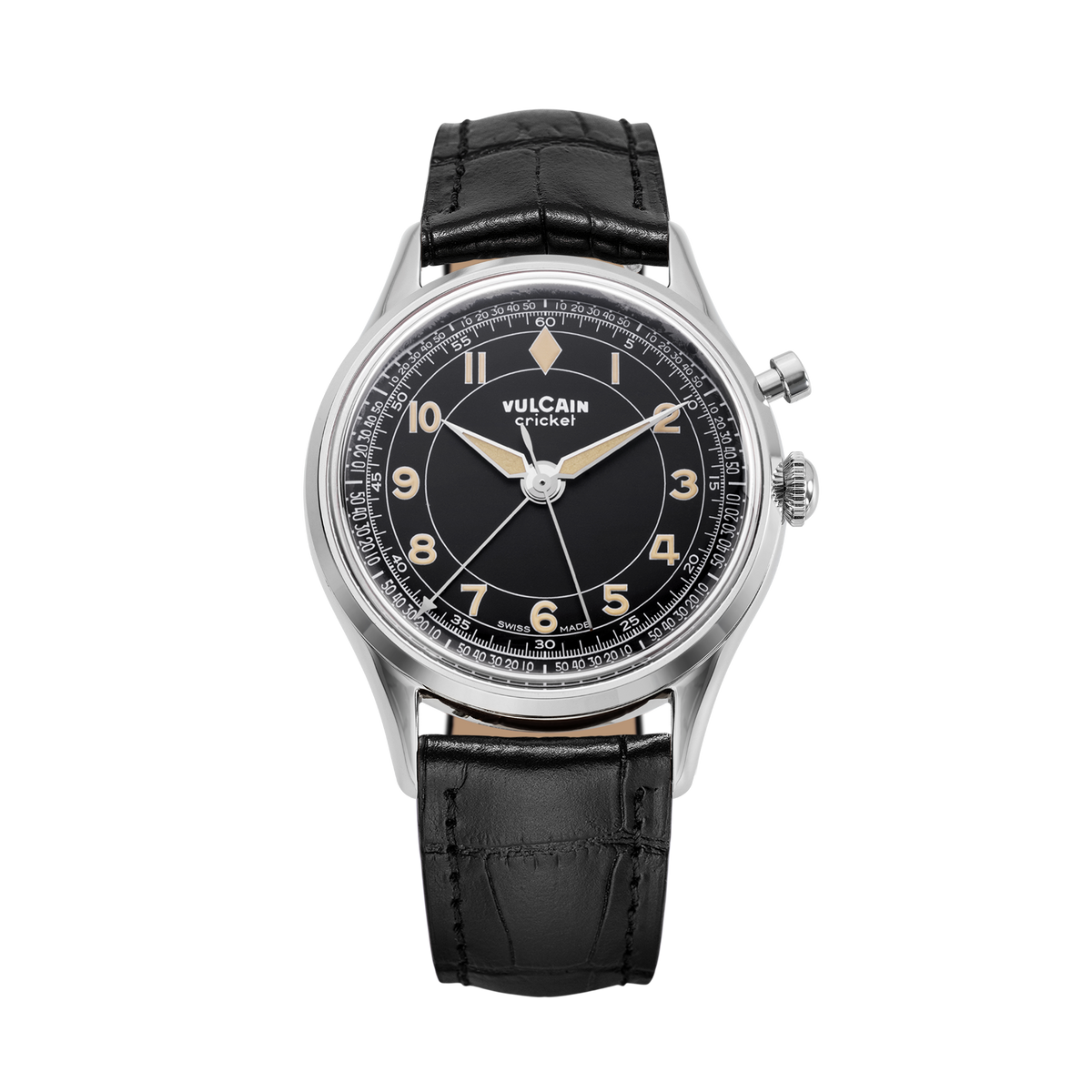 VULCAIN Cricket Classique 36 mm - Black & Khaki numbers - schwarzes Kalbslederband Alligator-Print