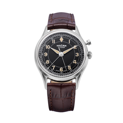VULCAIN Cricket Classique 36 mm - Black & Khaki numbers - braunes Kalbslederband Alligator-Print