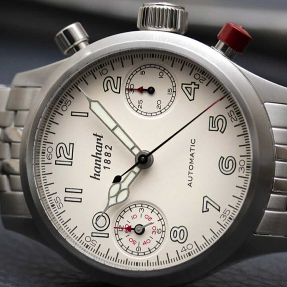 Hanhart PIONEER TwinDicator, altweiß, glatte Lünette Edelstahl