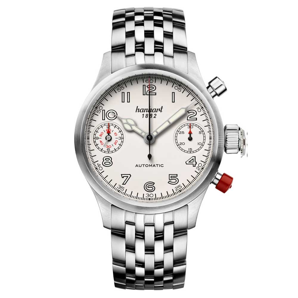 Hanhart PIONEER TwinDicator, altweiß, glatte Lünette Edelstahl