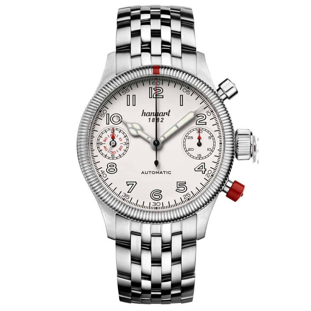 Hanhart PIONEER TwinDicator, altweiß, kannelierte Lünette Edelstahl