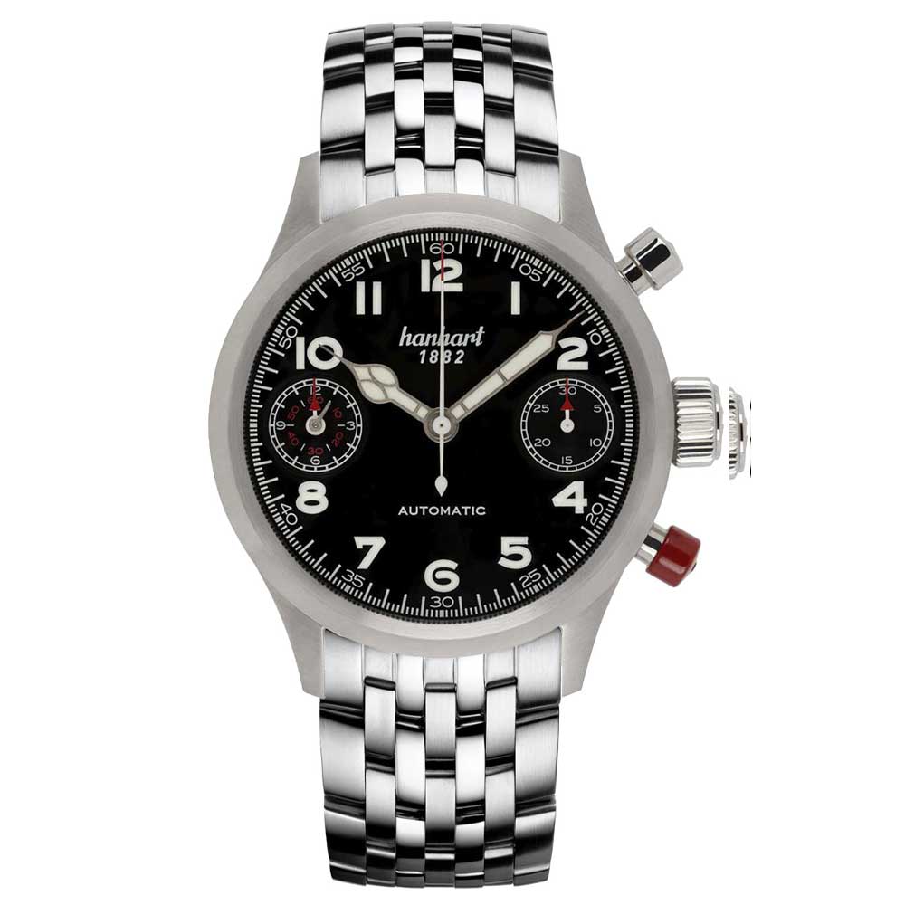 Hanhart PIONEER TwinDicator, schwarz, glatte Lünette Edelstahl