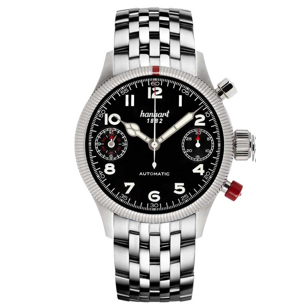 Hanhart PIONEER TwinDicator, schwarz, kannelierte Lünette Edelstahl