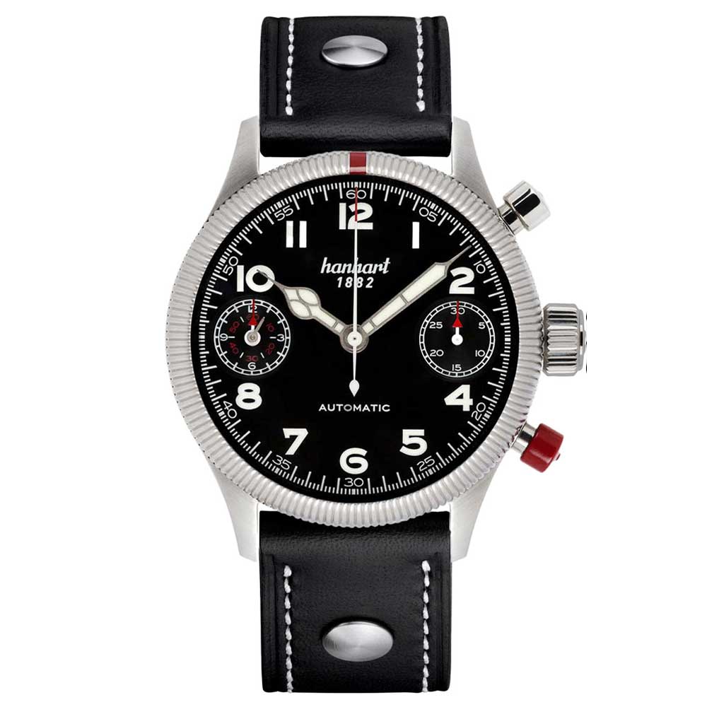 Hanhart PIONEER TwinDicator, schwarz, kannelierte Lünette