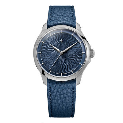 Venezianico Redentore Levius, 38 mm Titan, blaues Guilloché-Zifferblatt am blauen Lederband