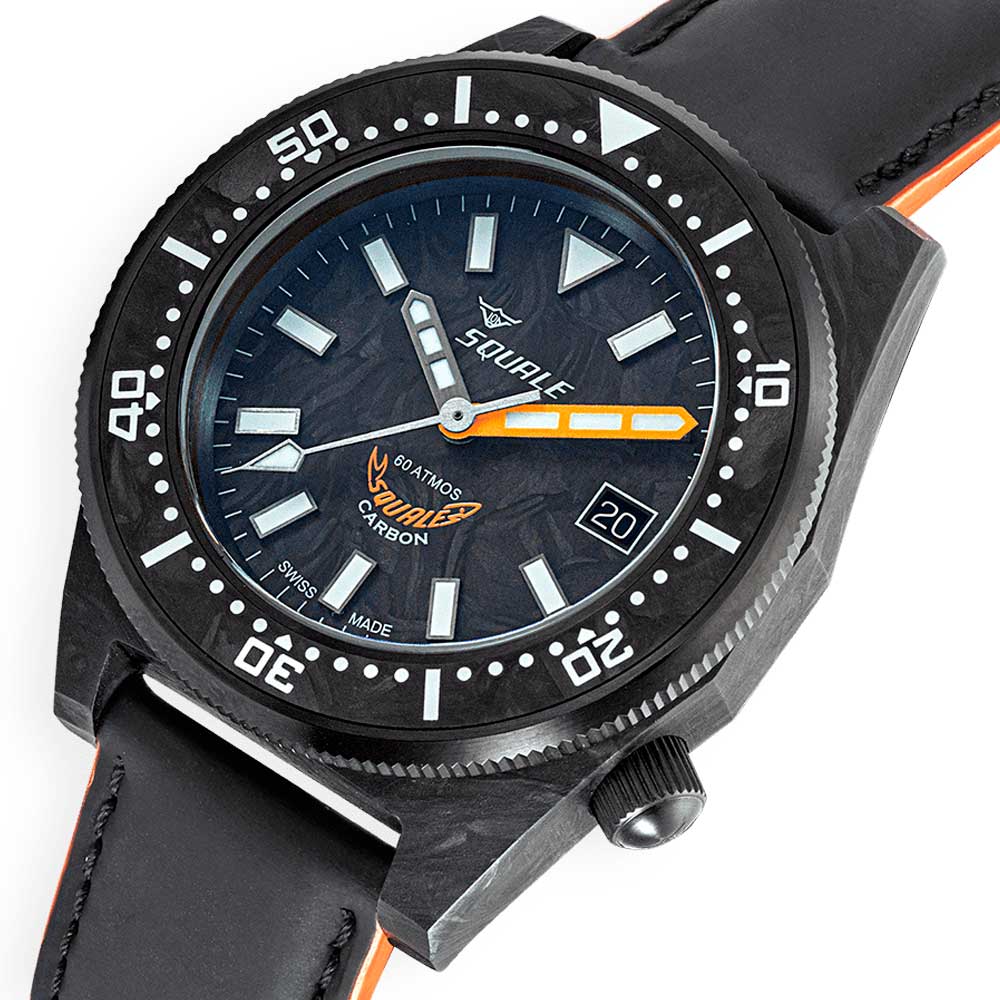 Squale T-183 Forged Carbon Orange T183AFCOR.RLOR Leather Strap Diving Watch