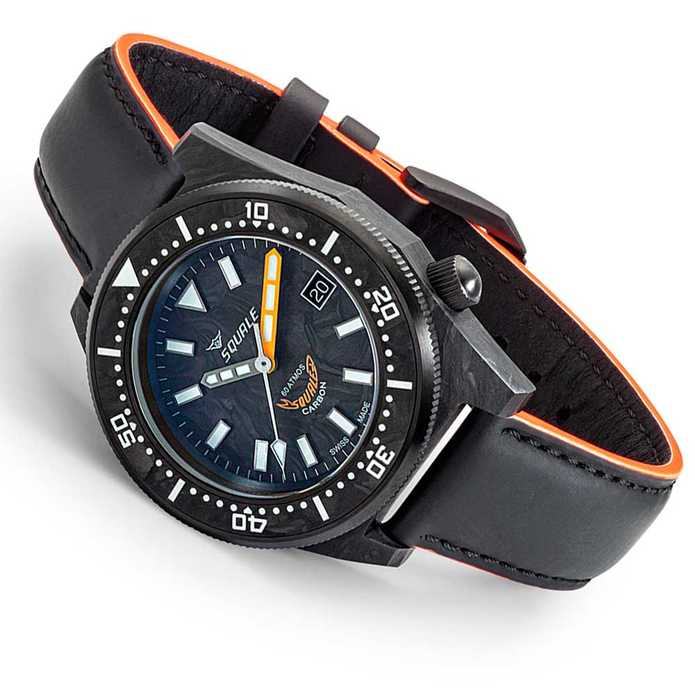 Squale T-183 Forged Carbon Orange T183AFCOR.RLOR Lederband Taucheruhr