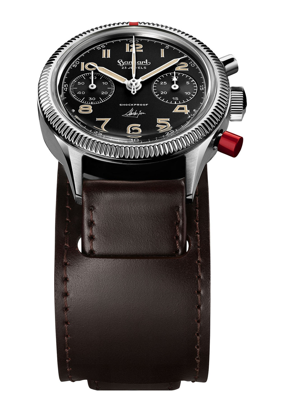 Hanhart 417 ES Steve McQueen Limited Edition No. 1 freigestellt von vorne am Shell Cordovan Cuff Strap