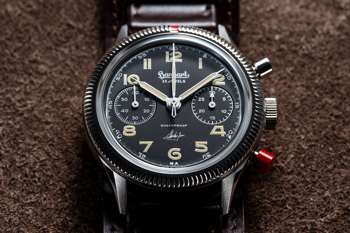 Mattschwarzes Zifferblatt der Hanhart 417 ES Steve McQueen Limited Edition No. 1 mit Unterschrift von Steve McQueen