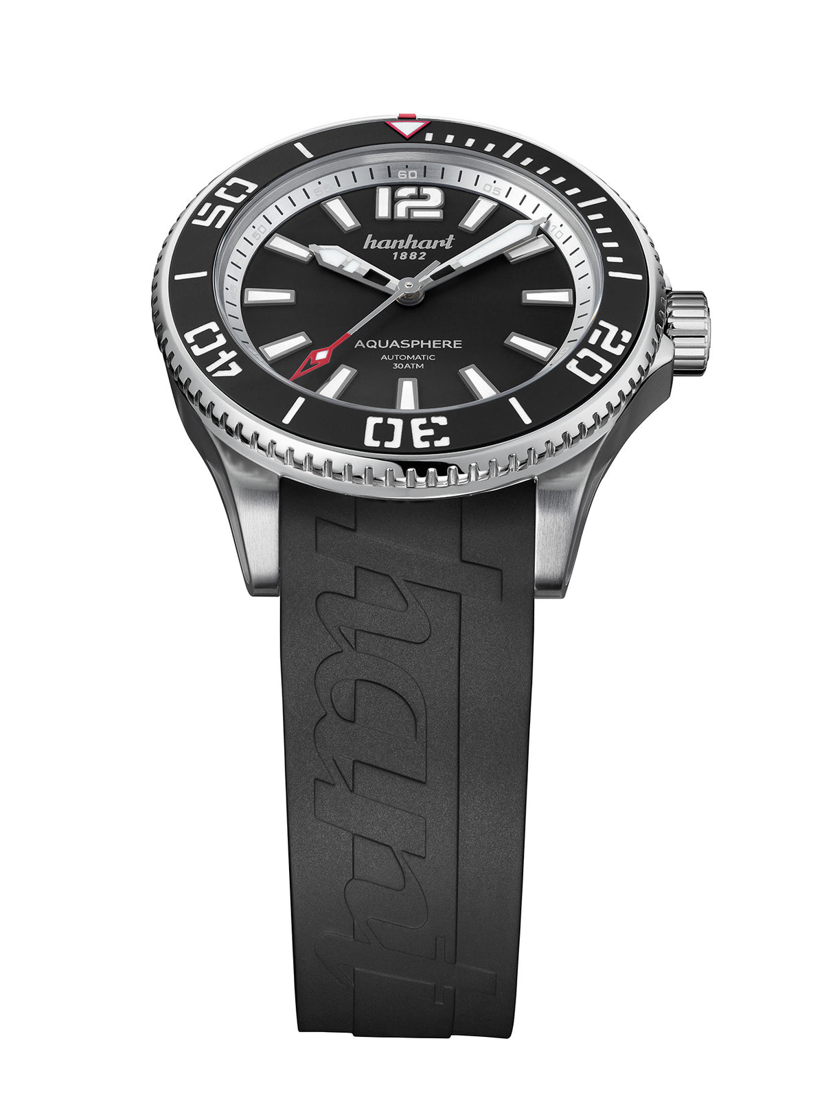 Hanhart AQUASPHERE Matte Black am Kautschukarmband, Detailansicht des Zifferblatts