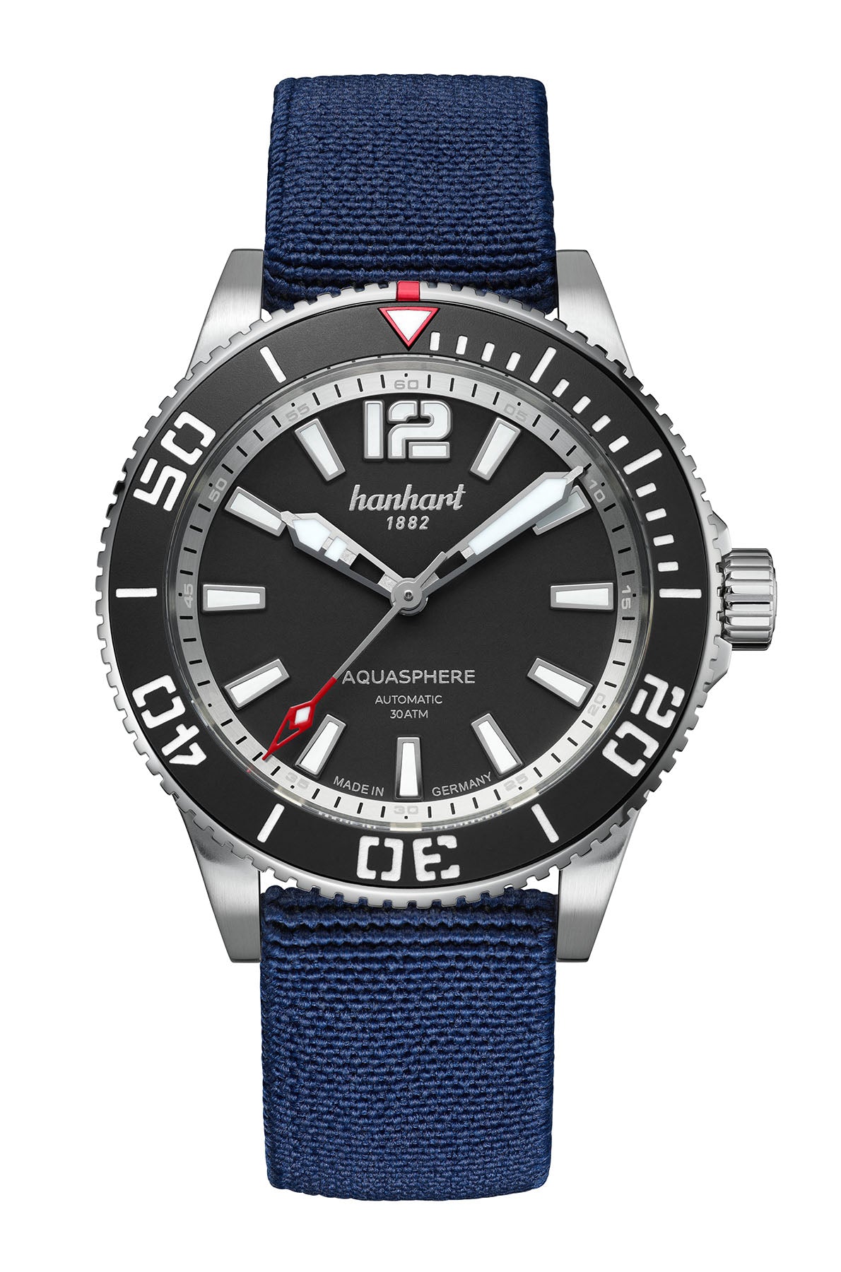 Hanhart AQUASPHERE Matte Black, 42mm am blauen Hook Strap