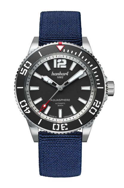 Hanhart AQUASPHERE Matte Black, 42mm am blauen Hook Strap