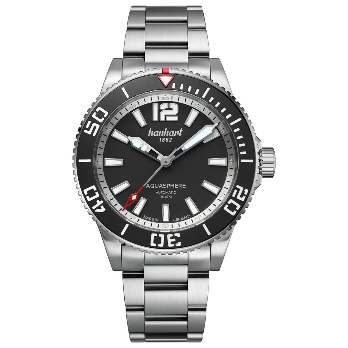 Hanhart AQUASPHERE Matte Black, 42mm am Edelstahlarmband, Frontalansicht