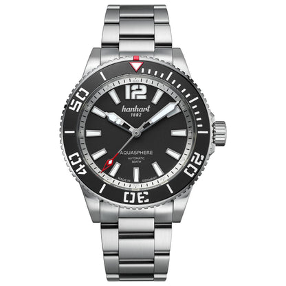 Hanhart AQUASPHERE Matte Black, 42mm am Edelstahlarmband, Frontalansicht