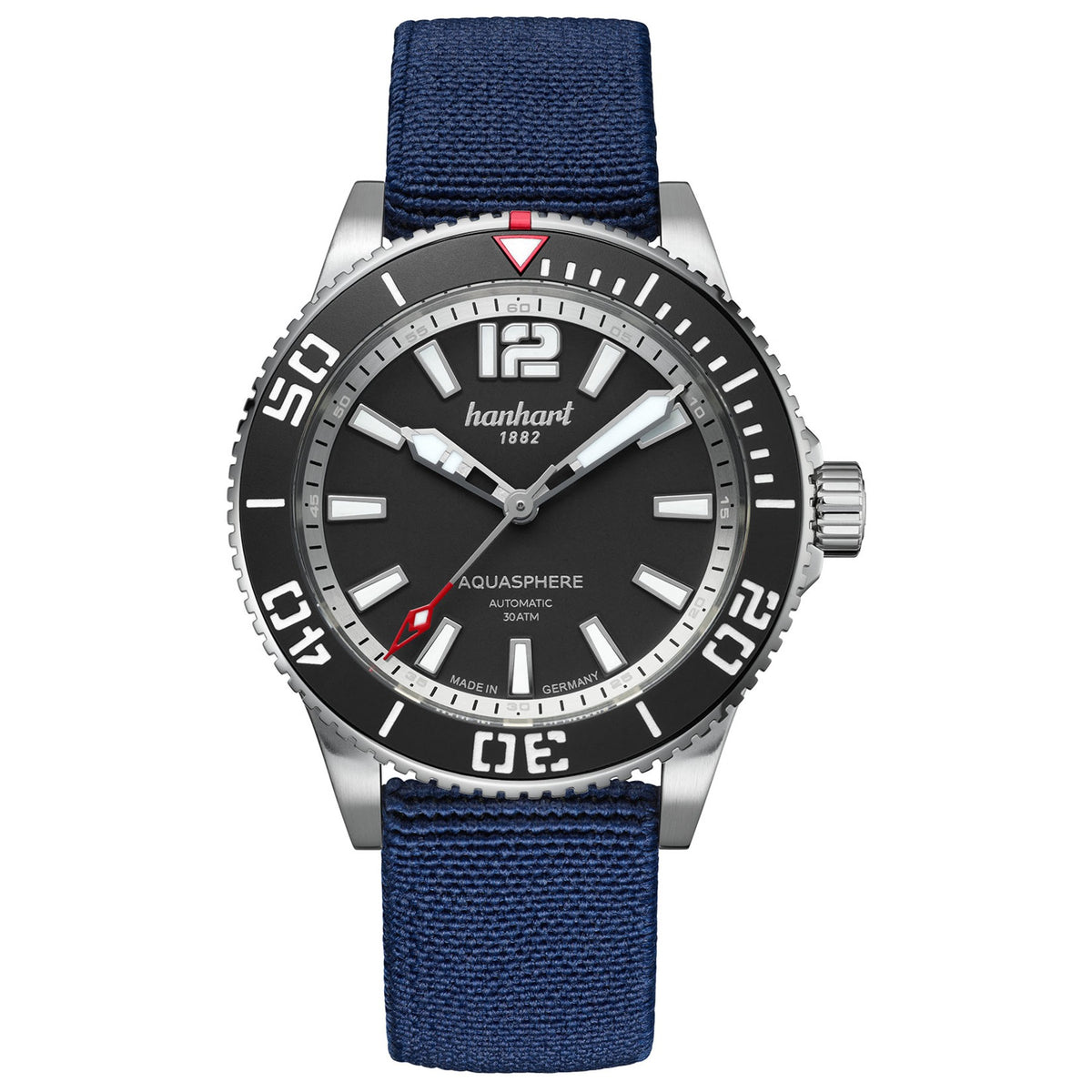 Hanhart AQUASPHERE Matte Black, 42mm am blauen Hook Strap