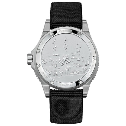 Gehäuseboden der Hanhart AQUASPHERE Matte Black mit geprägter Unterwasserwelt