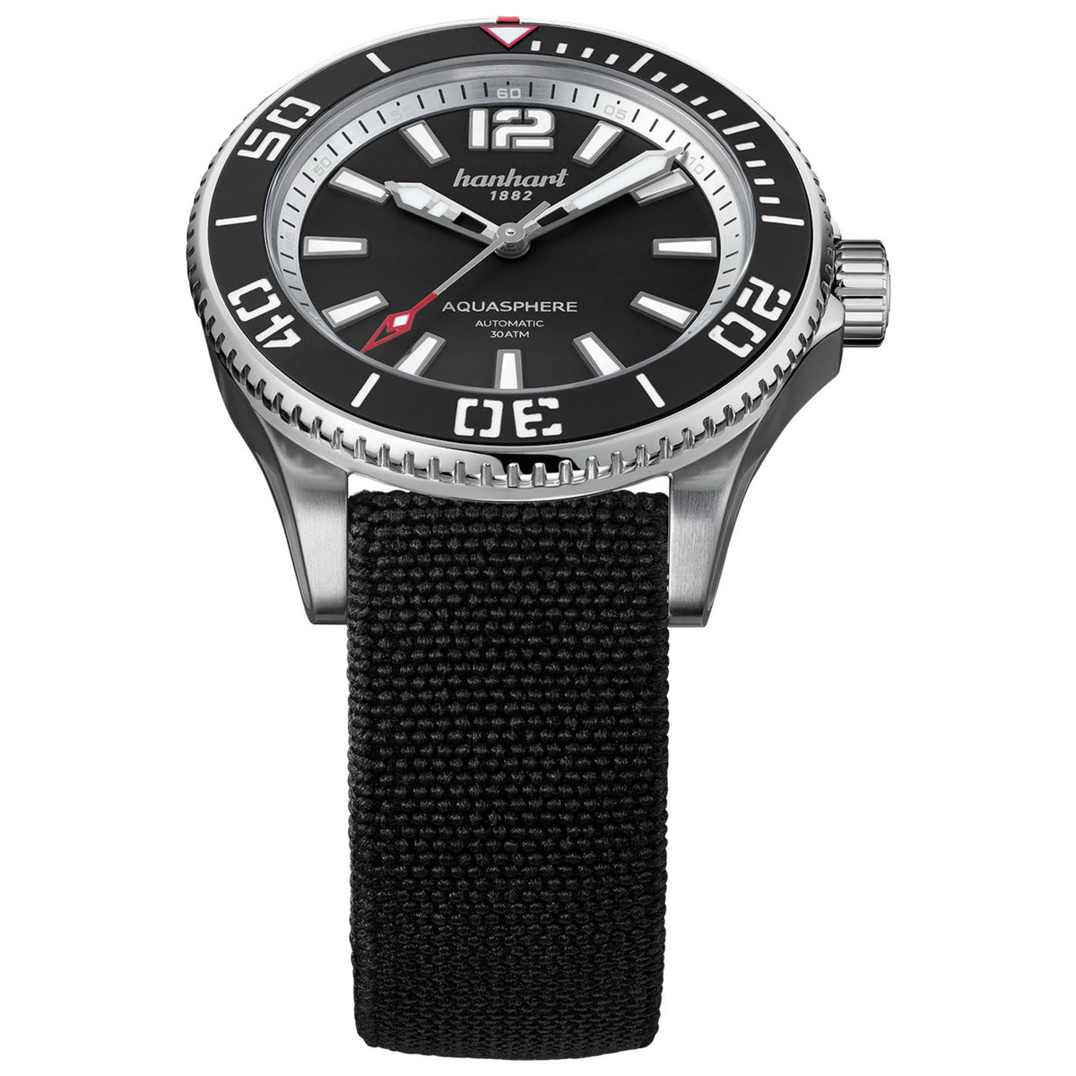 Hanhart AQUASPHERE Matte Black, 42mm am schwarzen Hook Strap, Zifferblatt im Detail
