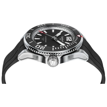 Hanhart AQUASPHERE Matte Black am Kautschukarmband, seitliche Ansicht mit Krone und Heliumventil