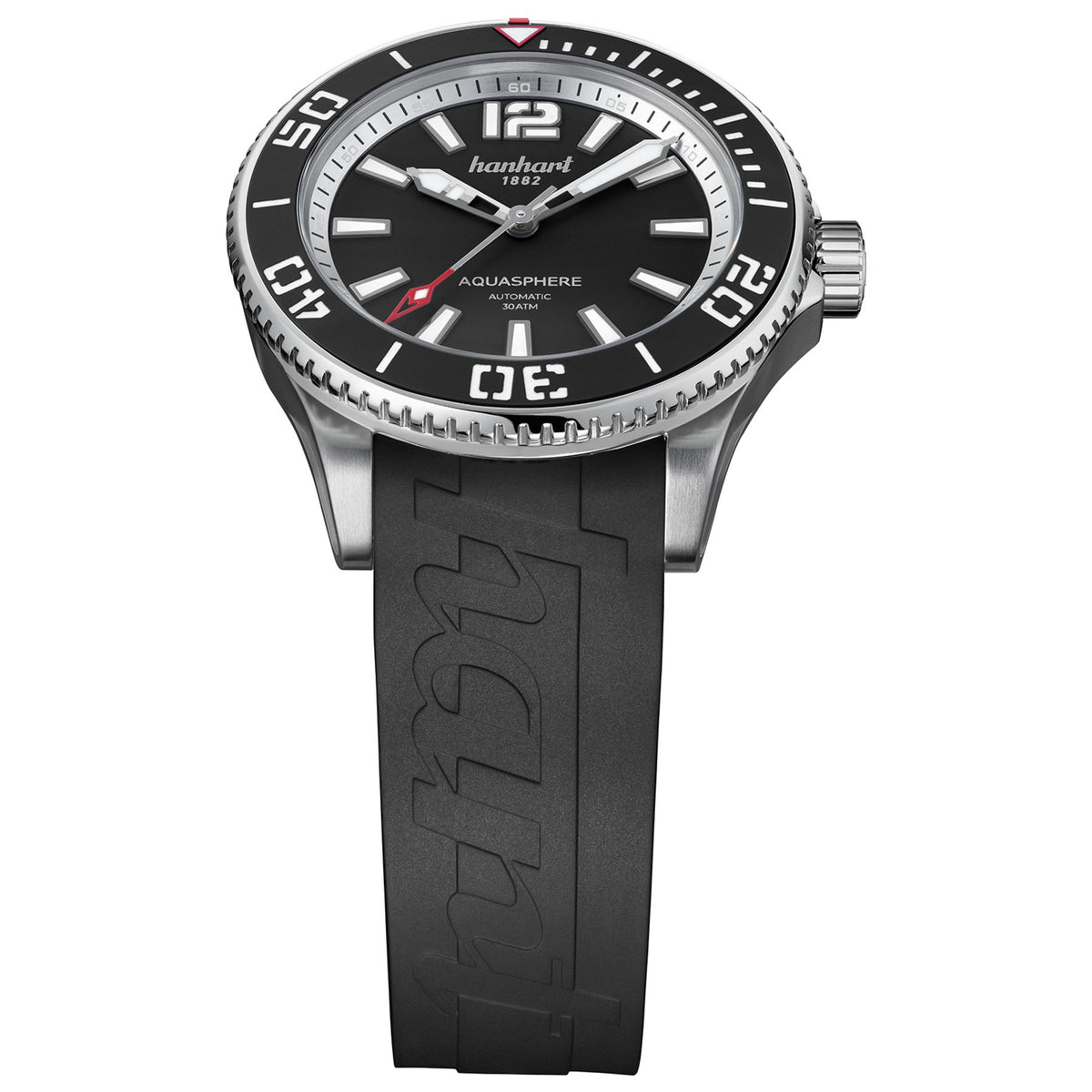 Hanhart AQUASPHERE Matte Black am Kautschukarmband, Detailansicht des Zifferblatts