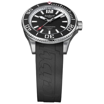 Hanhart AQUASPHERE Matte Black am Kautschukarmband, Detailansicht des Zifferblatts