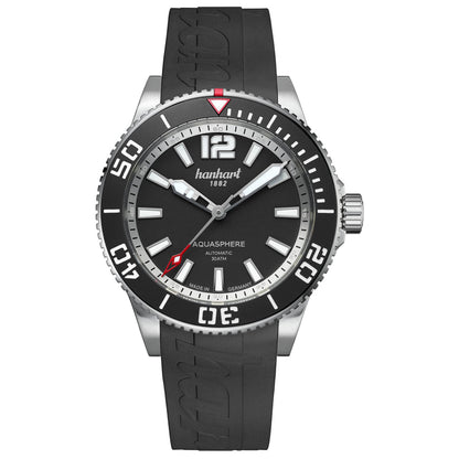 Hanhart AQUASPHERE Matte Black, 42 mm am schwarzen Kautschukarmband, Frontalansicht