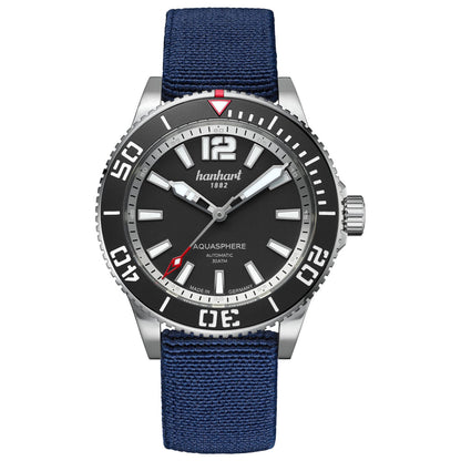 Hanhart AQUASPHERE Matte Black, 42mm am blauen Textilband, Frontalansicht