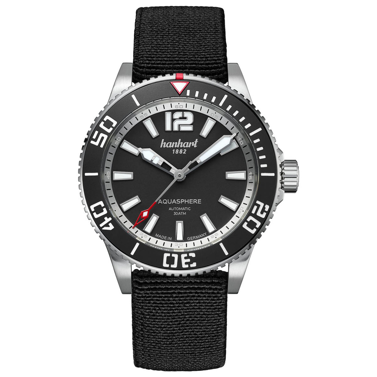 Hanhart AQUASPHERE Matte Black, 42mm am schwarzen Textilband, Frontalansicht