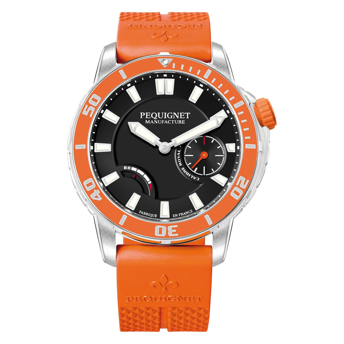 Pequignet Extrême 300 Taucheruhr 9050343 mit oranger Lünette, oranger Krone und orangem Kautschukband